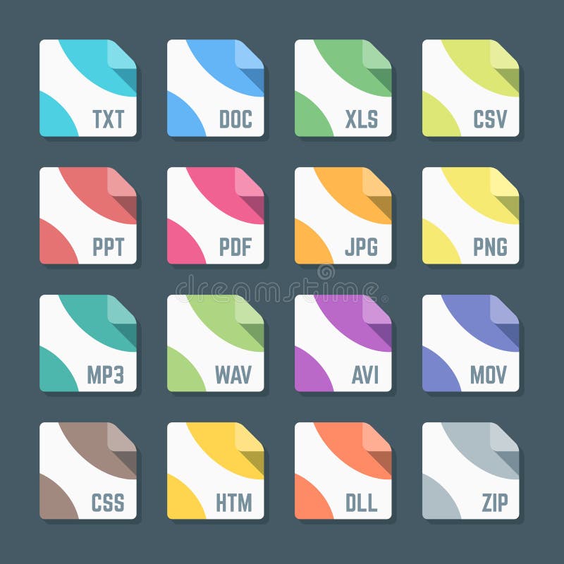 Various color flat style minimal file formats icons set stock illustration