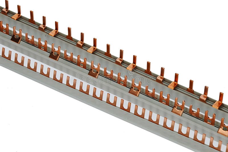 Various connecting wiring bars with brass connectors of various shapes, plastic base, white beckground. royalty free stock image