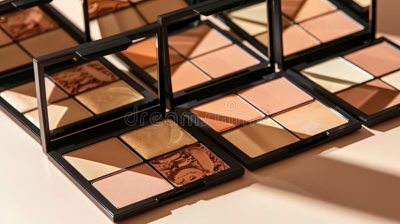 Various contouring palettes and highlighters arranged on a light background. Generative AI stock image