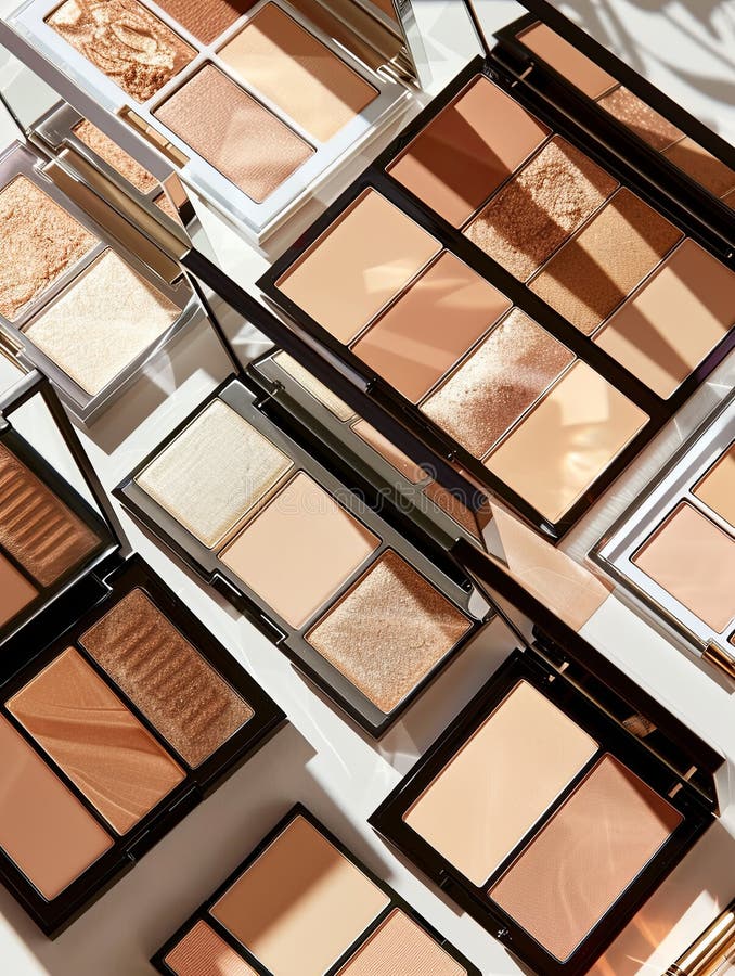 Various contouring palettes and highlighters arranged on a light background. Generative AI royalty free stock photos
