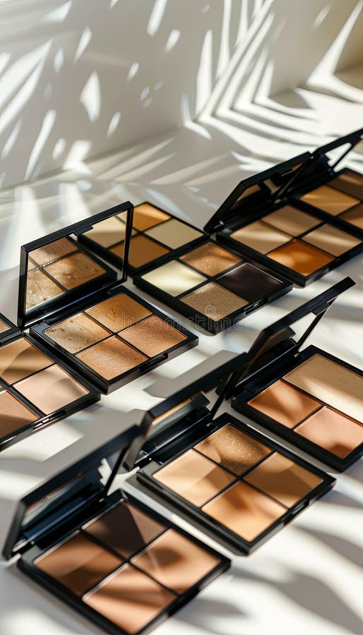 Various contouring palettes and highlighters displayed on a light surface. Generative AI stock photos