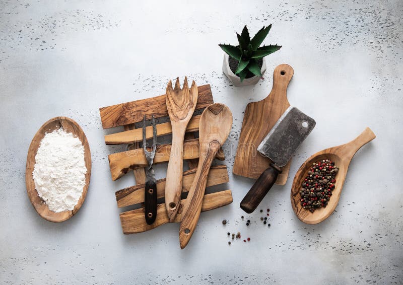 Various Cooking Utensils and Chopping Board Made from Olive Tree Stock