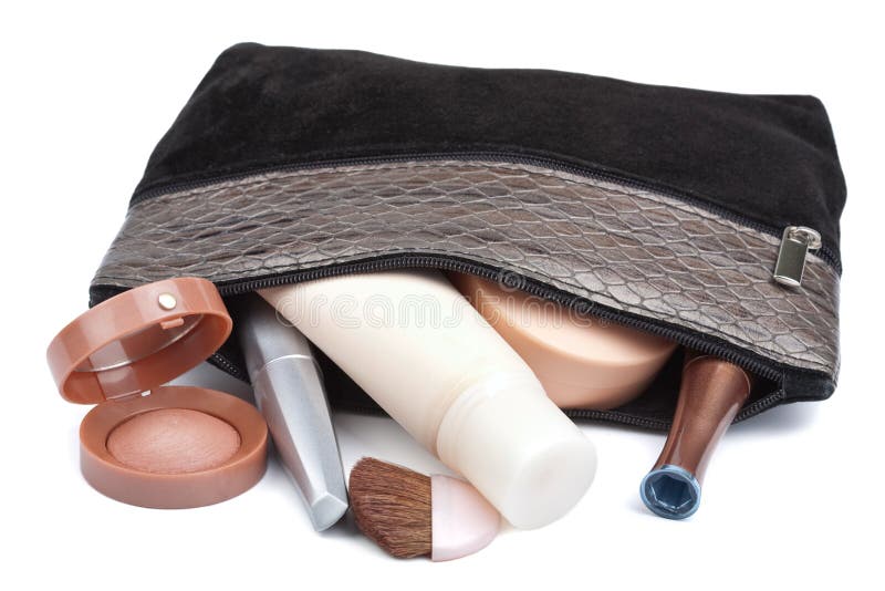 Various cosmetics in bag isolated royalty free stock images