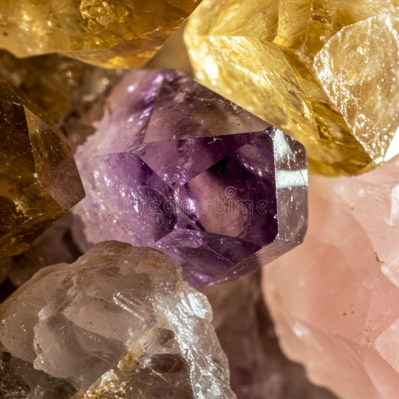 Various crystals with distinct colors and textures. A prominent purple amethyst (SiO? ) vector illustration