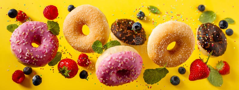 Various decorated doughnuts with sprinkles and berries in motion falling on yelloy background