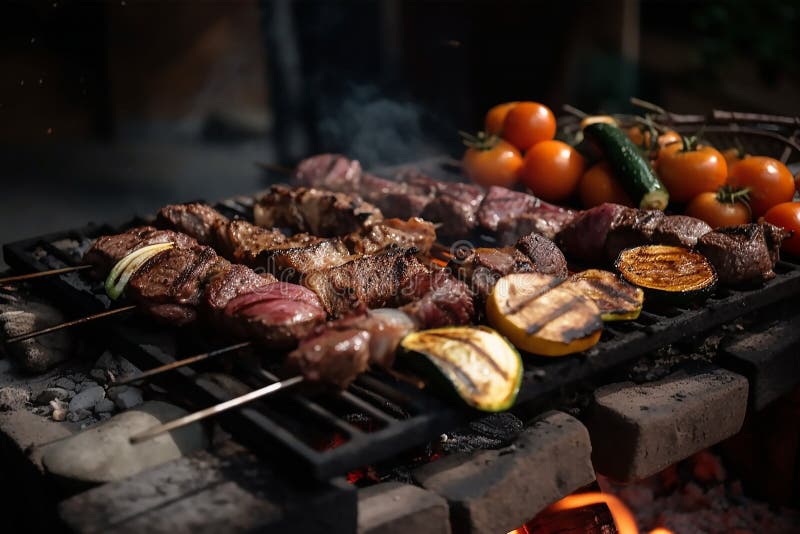 Various Delicious Grilled Meat with Vegetables on the Grill, Generative