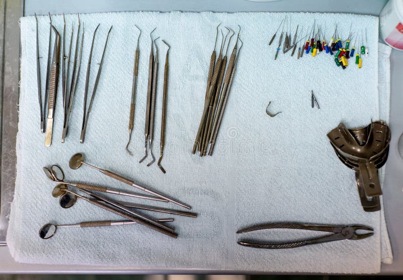 Various dental instruments flat lay stock photos