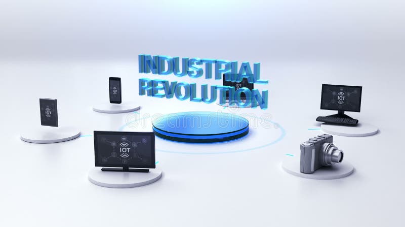 Various desktop pc, camera, mobile devices connecting `INDUSTRIAL REVOLUTION` technology. vector illustration