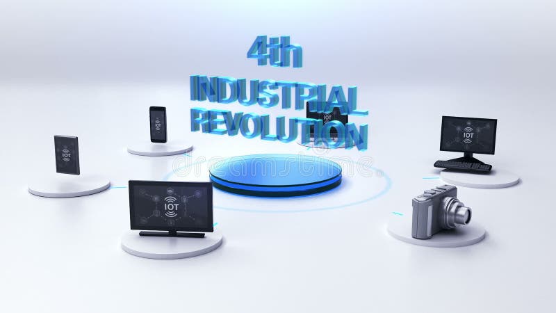 Various desktop pc, camera, mobile devices connecting `4th INDUSTRIAL REVOLUTION` technology. vector illustration