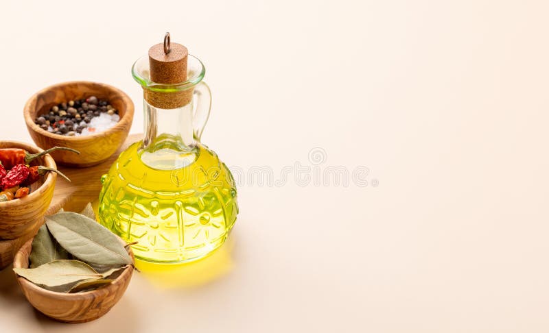 Various spices and olive oil royalty free stock image