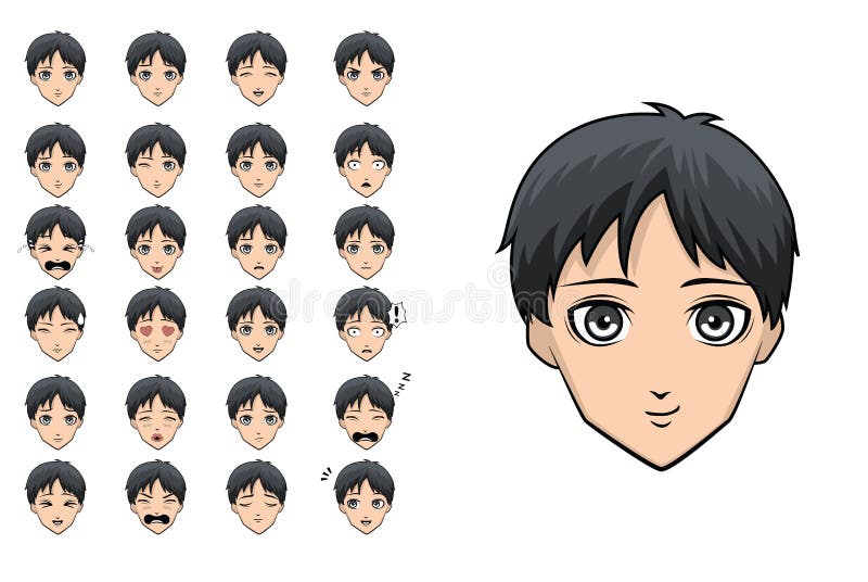 Various Emotion Manga Anime Boy Black Hair Faces Cartoon Set Stock Vector -  Illustration of emoticon, clothing: 208301428