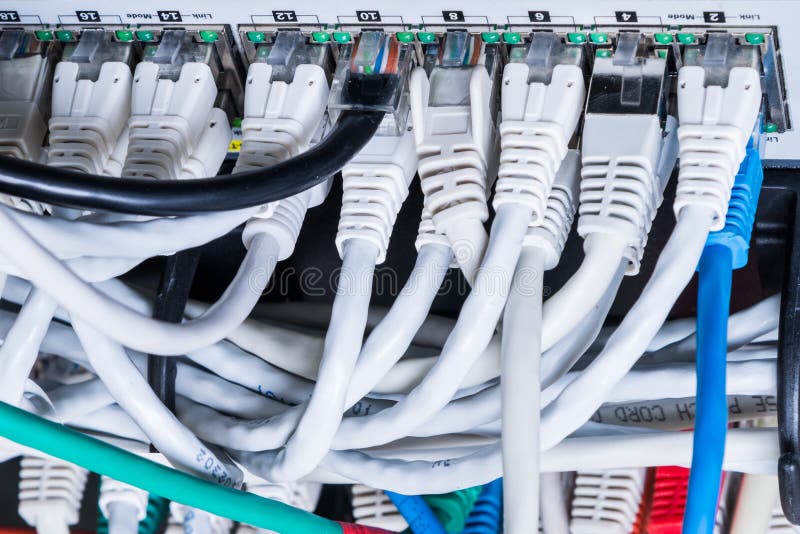 Patch cables connected to data router royalty free stock images