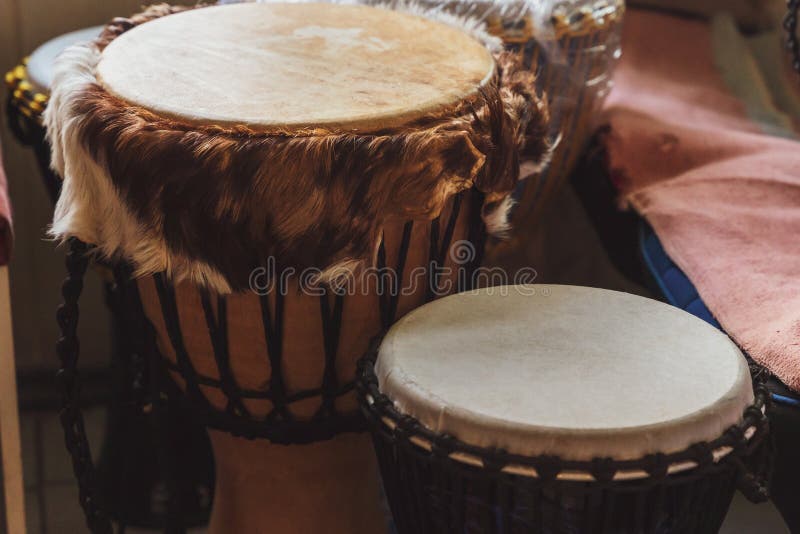 Various Ethnic Percussion Musical Instruments Djembe Drums Stock Photo