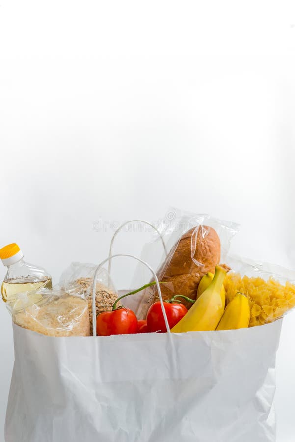 Various Food in the Paper Bag with Copy Space. Donation Food in the Bag