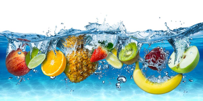 Various fresh colorful tasty fruits splashing into cold water isolated on blue white background. food diet healthy eating