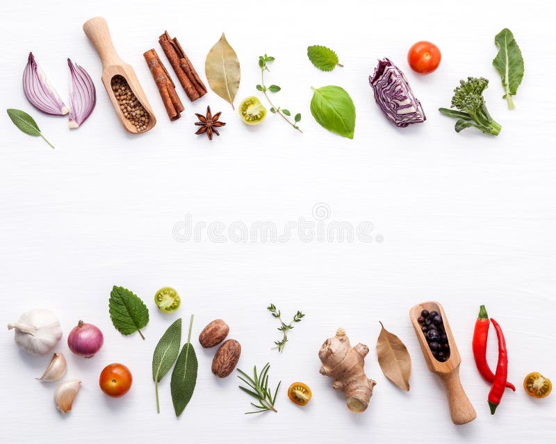 Various fresh vegetables and herbs on white background.Ingredien