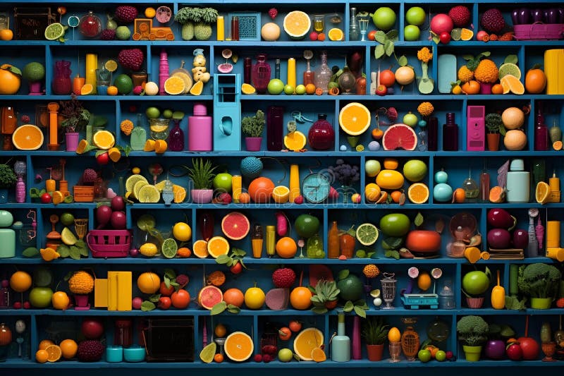 Various fruits on shelves with some oranges on top and different fruit stock illustration