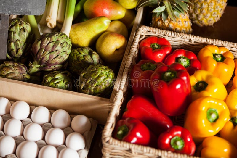 Various Fruits Vegetables Eggs Organic Section Stock Photos Free