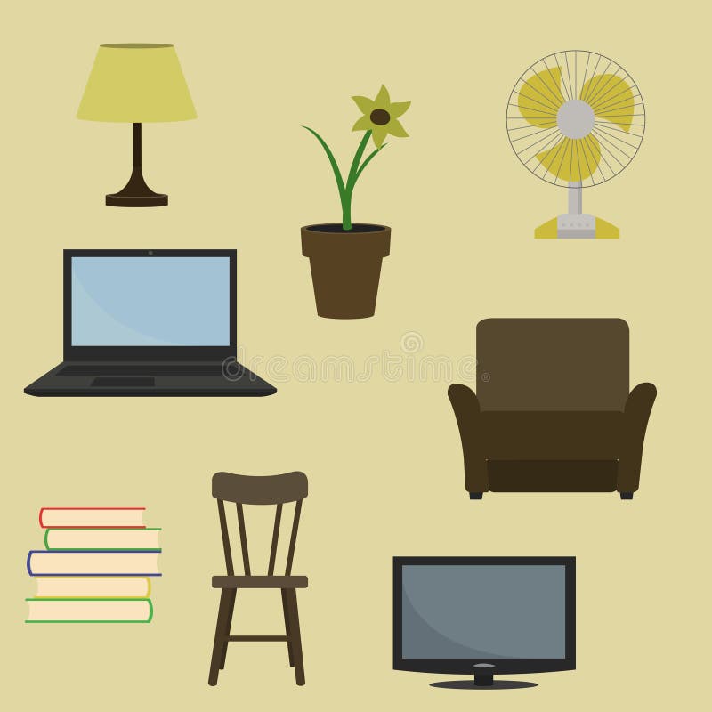 Various Furniture and Decoration Items. Stock Vector Illustration of
