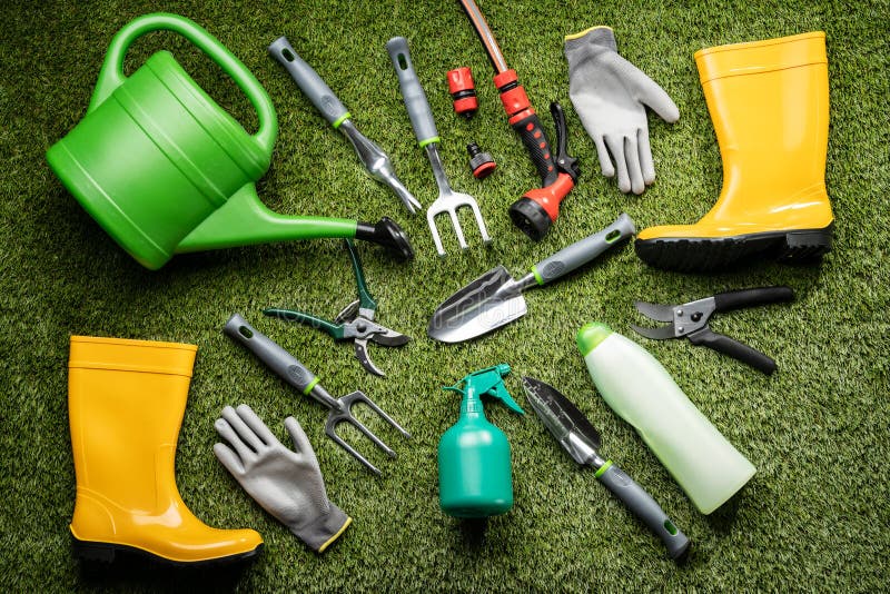 Various Gardening Tools Laying on Grass Stock Image Image of