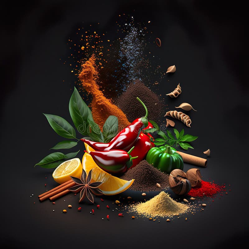 Various Great Spices 3D Rendering on Dark Background AI Generated. High quality photo