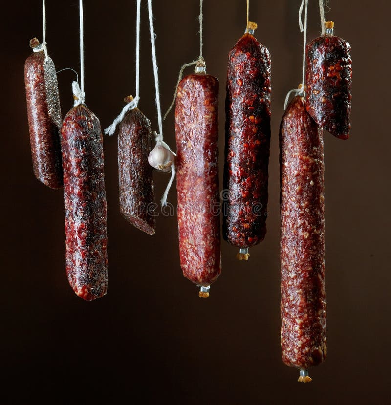 Various Hanging Salami Sausages Stock Image Image of meat, cured