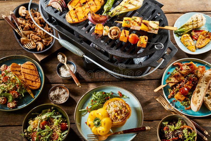 Various Healthy Dishes and Vegetables on Grill Stock Image Image of