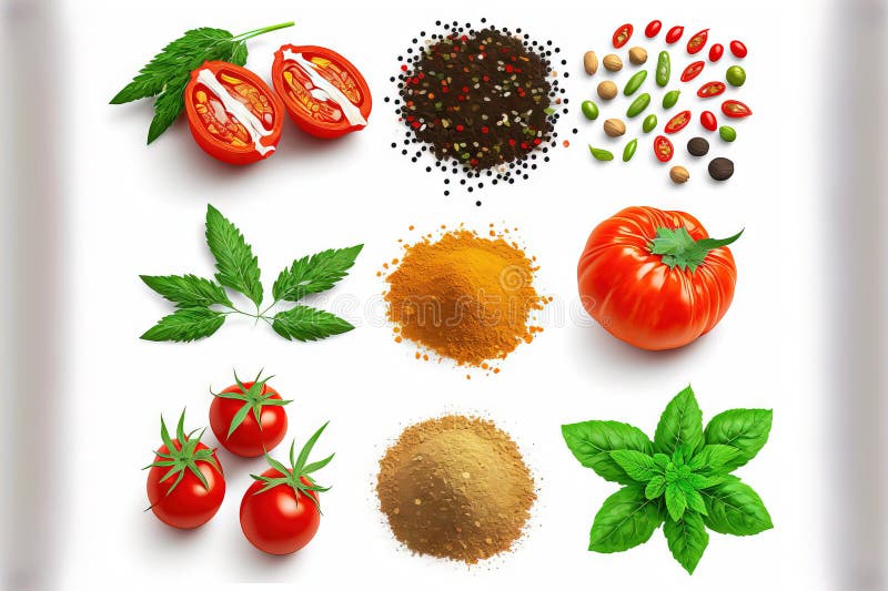 Various herbs and spices, including tomatoes, are isolated on a white background royalty free illustration