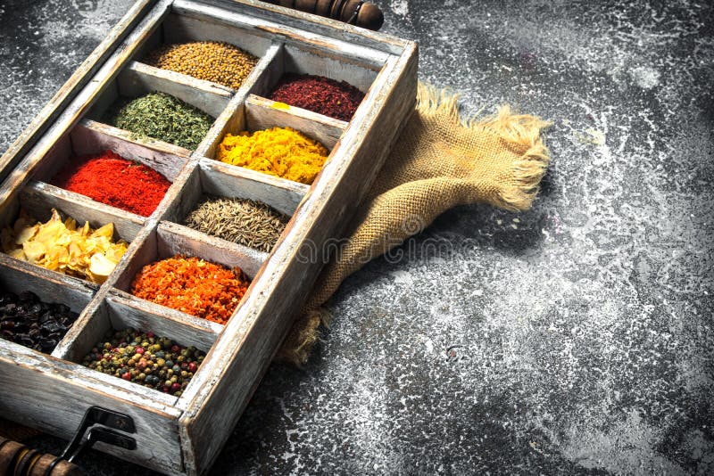 Various Herbs and Spices in a Special Box. Stock Image Image of