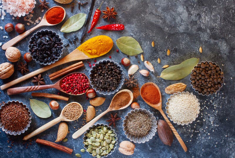 Various indian spices, nuts and herbs in wooden spoons and metal bowls royalty free stock photography Various indian spices, nuts and herbs in wooden spoons and metal bowls royalty free stock photography