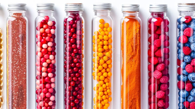 Various ingredients are displayed in clear jars, showcasing an array of colors and textures, including berries, beads stock photo