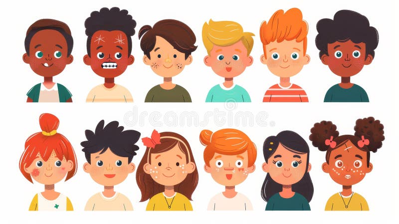 Various kids with diverse appearance features. Bike riding, freckles, vitiligo. Flat modern illustration isolated on white.. AI generated