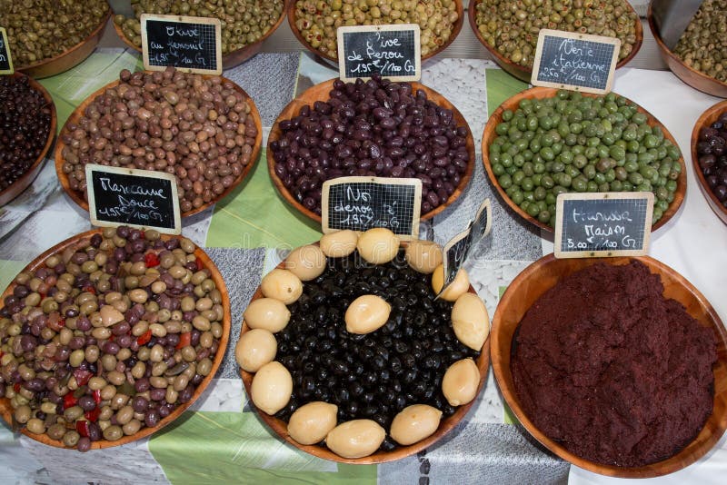 Various Kinds of Olives at a French Market Stock Photo Image of food