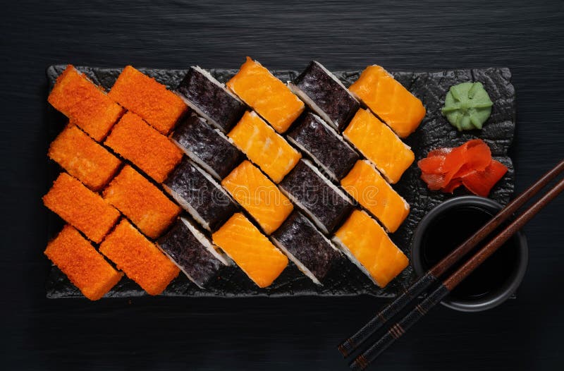 Various Kinds of Sushi Served on Blackstone Stock Photo Image of