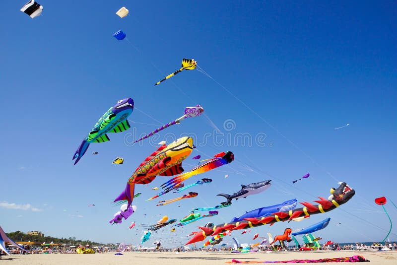 Various Kites Flying on the Blue Sky in the Kite Festival Editorial