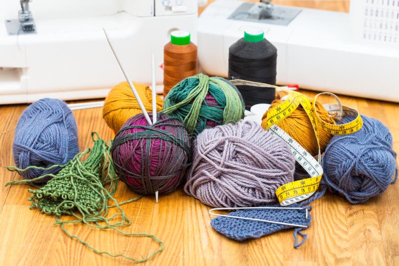 Various Knitting Materials and Sewing Machines Stock Image Image of
