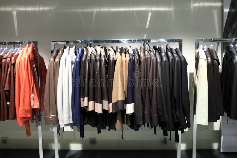 Various Leather Jackets on the Hangers Stock Image - Image of hanging ...