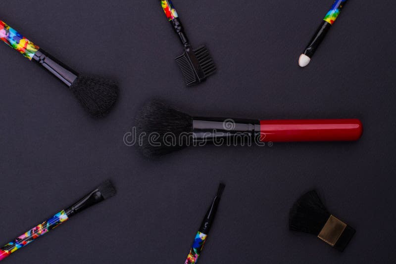 Various Makeup Brushes on Black. Stock Photo Image of natural, frame