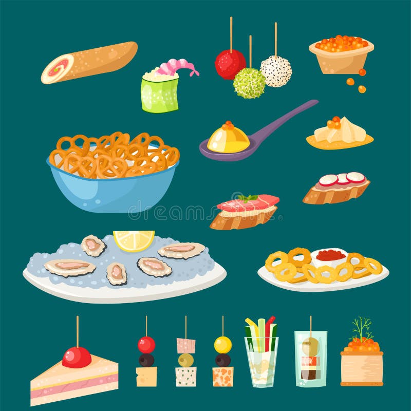 Various meat canape snacks appetizer fish and cheese banquet snacks on platter vector illustration.