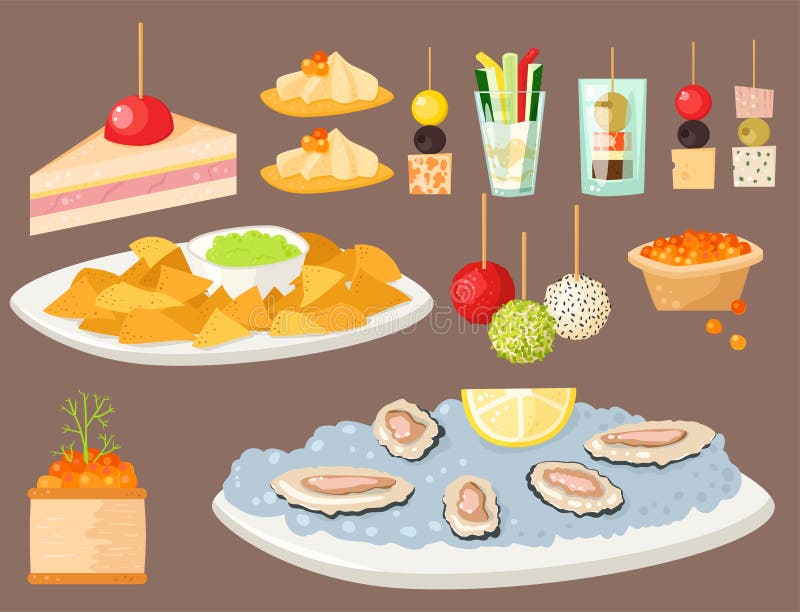 Various meat canape snacks appetizer fish and cheese banquet snacks on platter vector illustration.