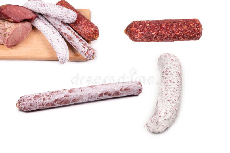 Various of Meat, Smoked Meat, Sausage, Salami Isolated on a White Stock