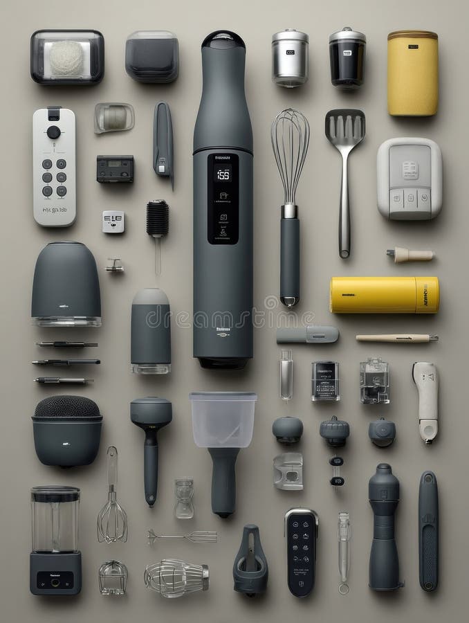 Modern Kitchen Gadgets Arranged Neatly on a Neutral Background Showcasing Innovative Designs and Functionality for royalty free stock photos
