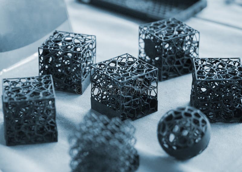 Various objects printed 3D printer molten plastic powder Different model printed stock photo