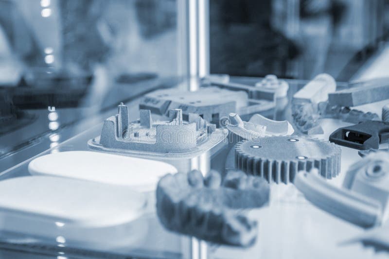 Various objects printed 3D printer from molten plastic powder. Different models stock image