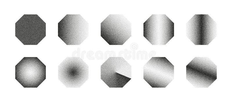 Octagons Various Dotted Black Noise Gradient Vector Collection Isolated On White royalty free illustration