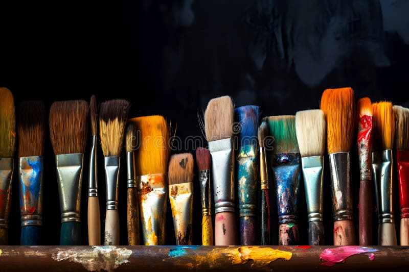 Various Paint Brushes on Dark Background Closeup Stock Illustration