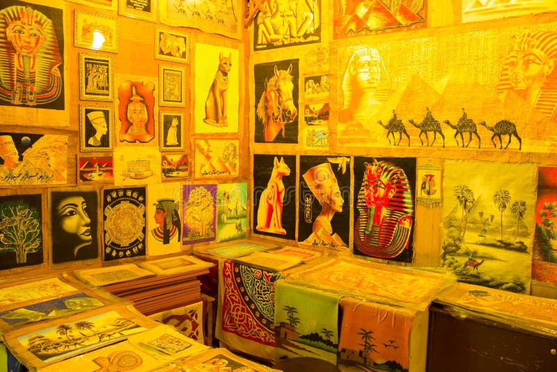 Various of papyrus with elements of egyptian history - objects displayed in shop in the bazaar. royalty free stock image Various of papyrus with elements of egyptian history - objects displayed in shop in the bazaar. royalty free stock image