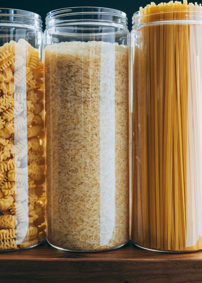 Various Pasta in Plastic Jars for a Long Storage Stock Photo Image of
