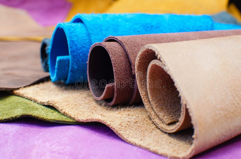 Various Pieces of Leather in Rolls. Pieces of Colored Leather. Stock Image Image of fabric