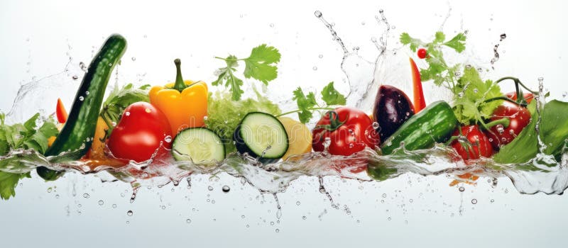 Various plantbased ingredients splashing in water stock images
